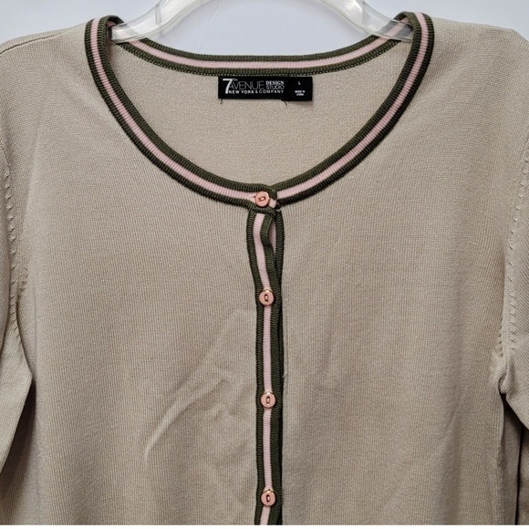 7th Ave NY Co Beige Striped Trim Cardigan Sweater Women L Preppy Academia Office - Picture 3 of 7